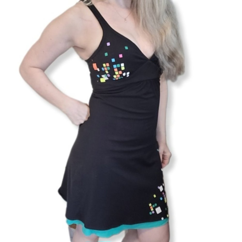 TWIK Black Dress with Fun Colorful Squares and Turquoise Underskirt Sz Small